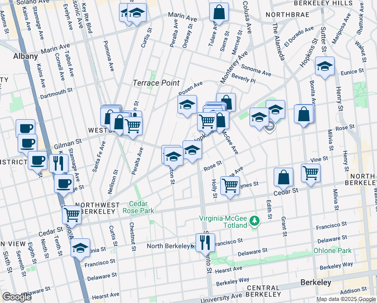 map of restaurants, bars, coffee shops, grocery stores, and more near 1342 Albina Avenue in Berkeley