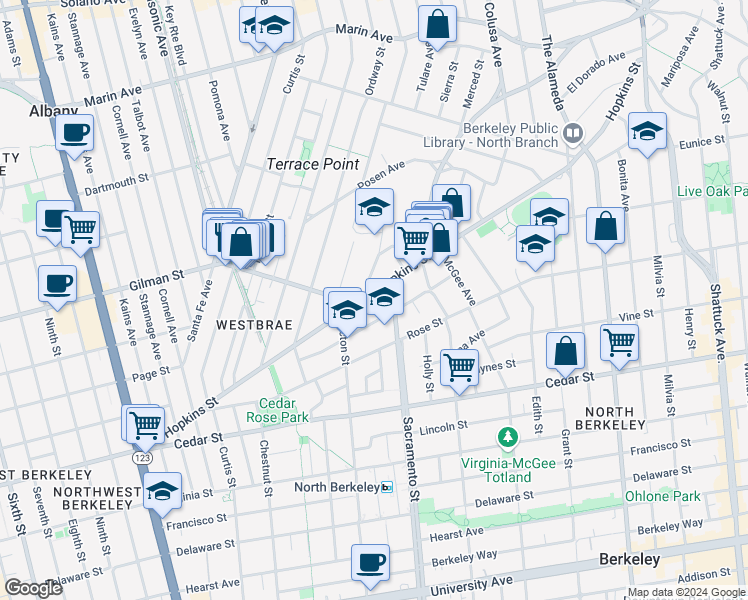 map of restaurants, bars, coffee shops, grocery stores, and more near 1342 Albina Avenue in Berkeley