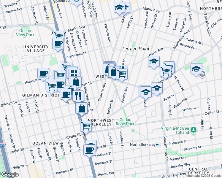 map of restaurants, bars, coffee shops, grocery stores, and more near 1318 Curtis Street in Berkeley