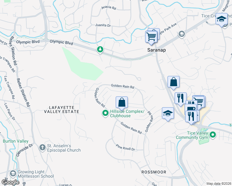 map of restaurants, bars, coffee shops, grocery stores, and more near 2641 Golden Rain Road in Walnut Creek
