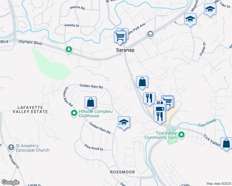 map of restaurants, bars, coffee shops, grocery stores, and more near 2312 Golden Rain Road in Walnut Creek
