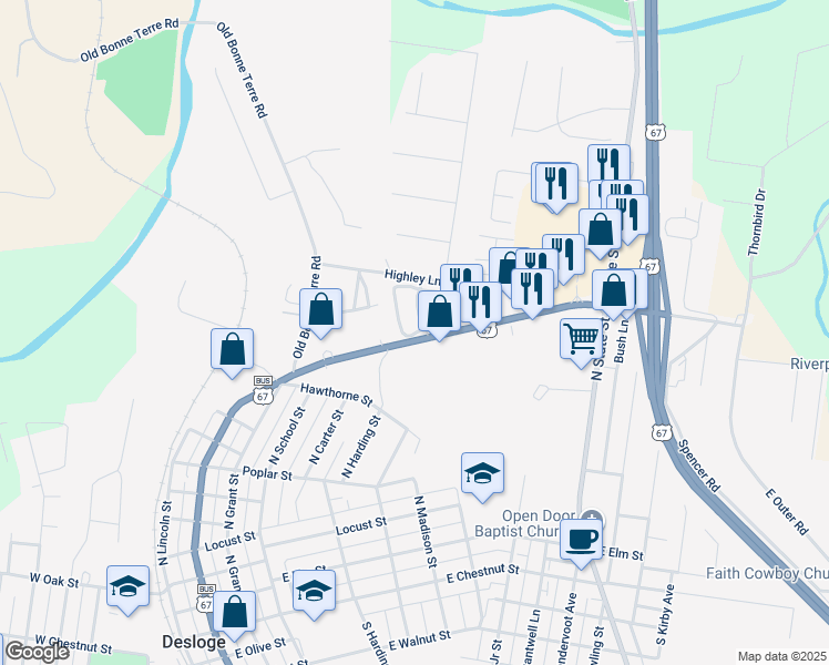 map of restaurants, bars, coffee shops, grocery stores, and more near 308 Fairview Lane in Desloge