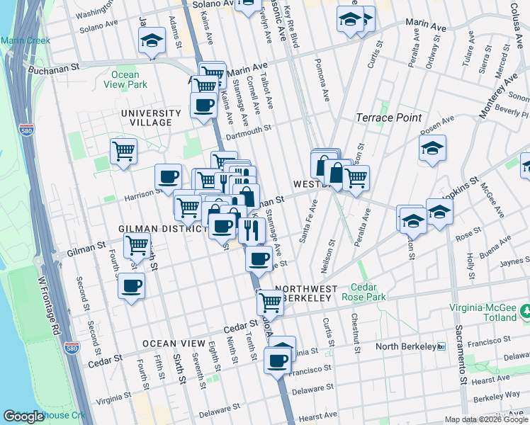 map of restaurants, bars, coffee shops, grocery stores, and more near in Berkeley