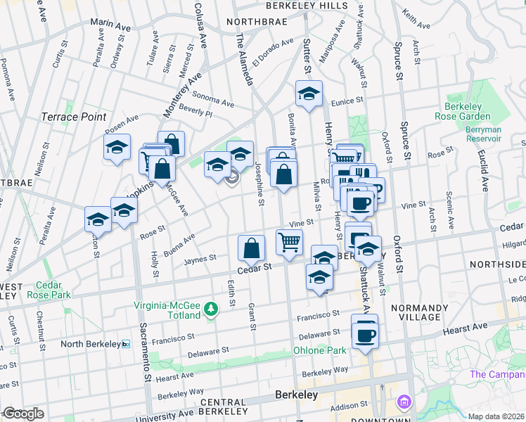 map of restaurants, bars, coffee shops, grocery stores, and more near 1406 Josephine Street in Berkeley