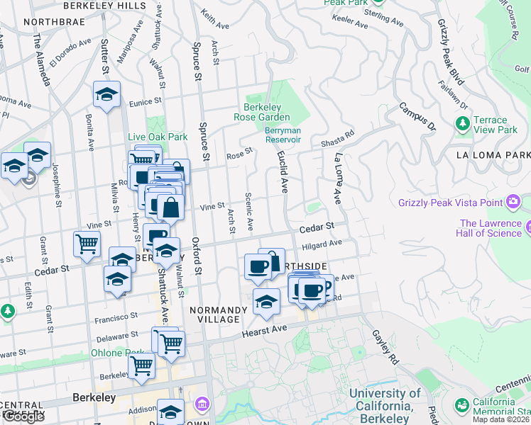 map of restaurants, bars, coffee shops, grocery stores, and more near 1542 Hawthorne Terrace in Berkeley