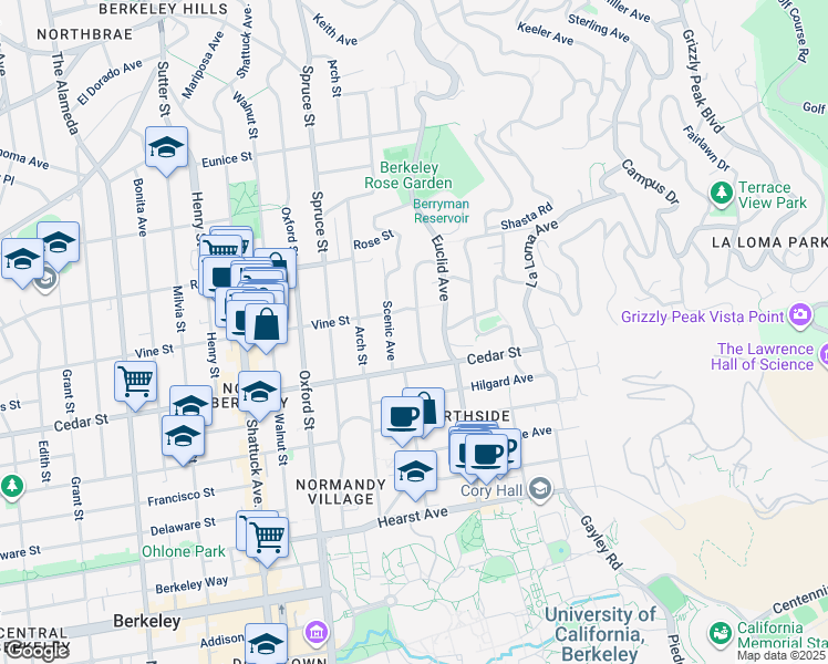 map of restaurants, bars, coffee shops, grocery stores, and more near 1542 Hawthorne Terrace in Berkeley