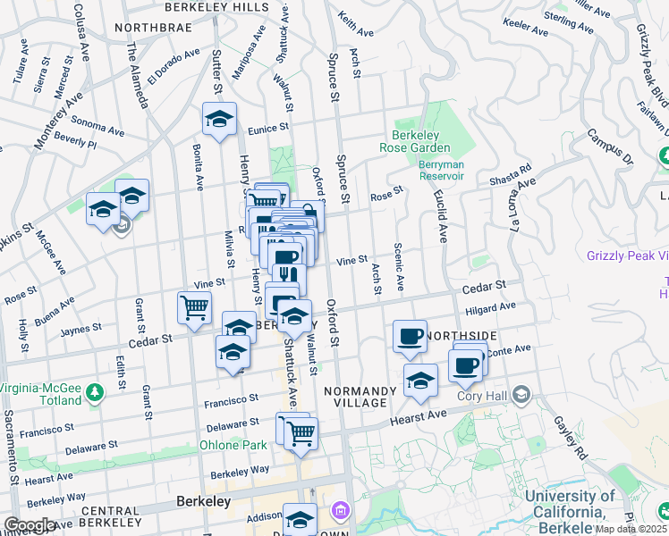map of restaurants, bars, coffee shops, grocery stores, and more near 1501 Oxford Street in Berkeley