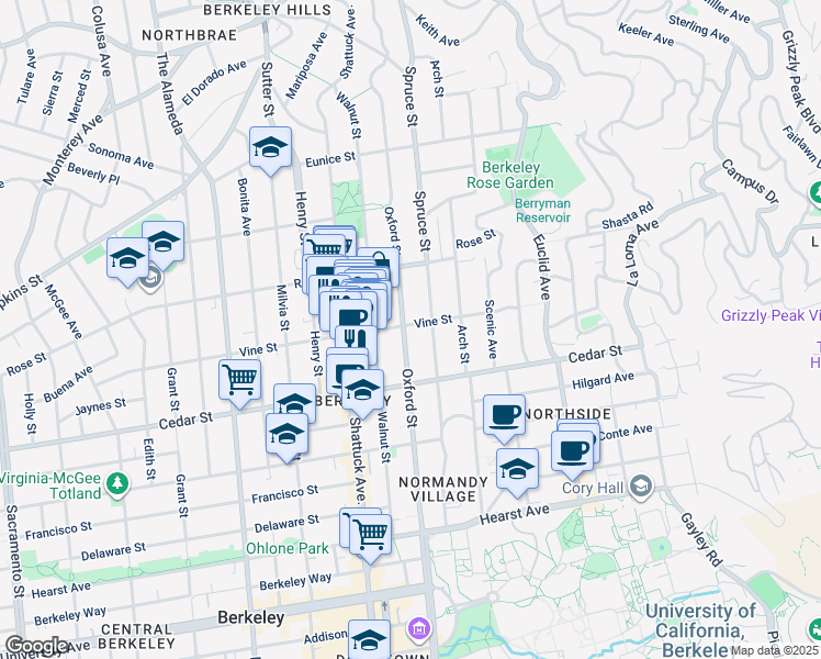 map of restaurants, bars, coffee shops, grocery stores, and more near 1501 Oxford Street in Berkeley