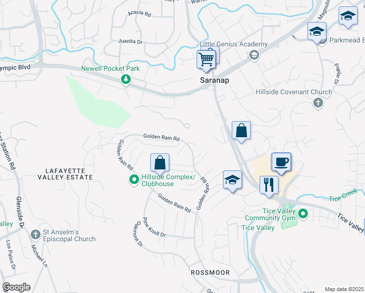 map of restaurants, bars, coffee shops, grocery stores, and more near 2701 Golden Rain Road in Walnut Creek
