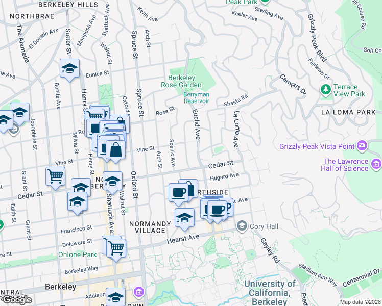 map of restaurants, bars, coffee shops, grocery stores, and more near 2 Vine Lane in Berkeley