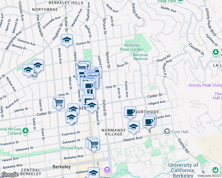 map of restaurants, bars, coffee shops, grocery stores, and more near 2213 Vine Street in Berkeley