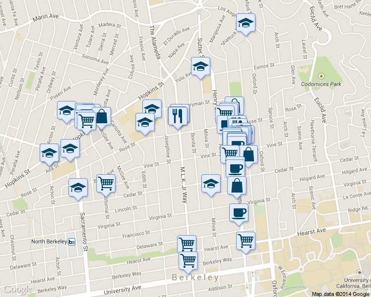 map of restaurants, bars, coffee shops, grocery stores, and more near 1417 Martin Luther King Junior Way in Berkeley