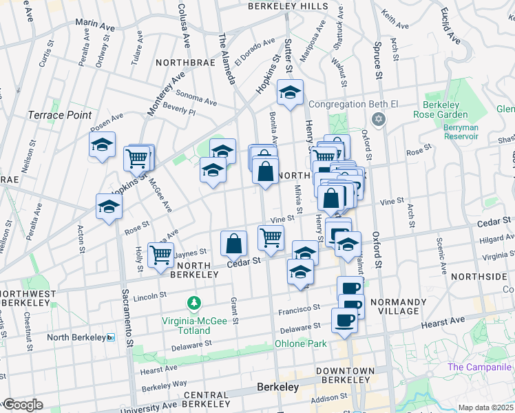 map of restaurants, bars, coffee shops, grocery stores, and more near 1415 Martin Luther King Junior Way in Berkeley