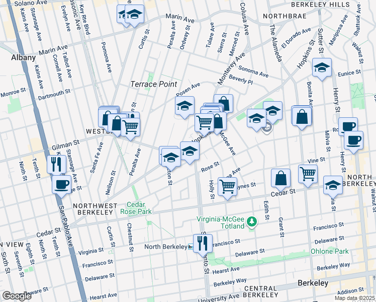 map of restaurants, bars, coffee shops, grocery stores, and more near 1508 Hopkins Street in Berkeley
