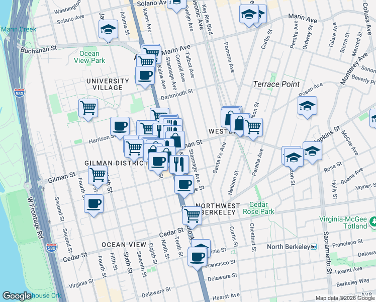 map of restaurants, bars, coffee shops, grocery stores, and more near in Berkeley