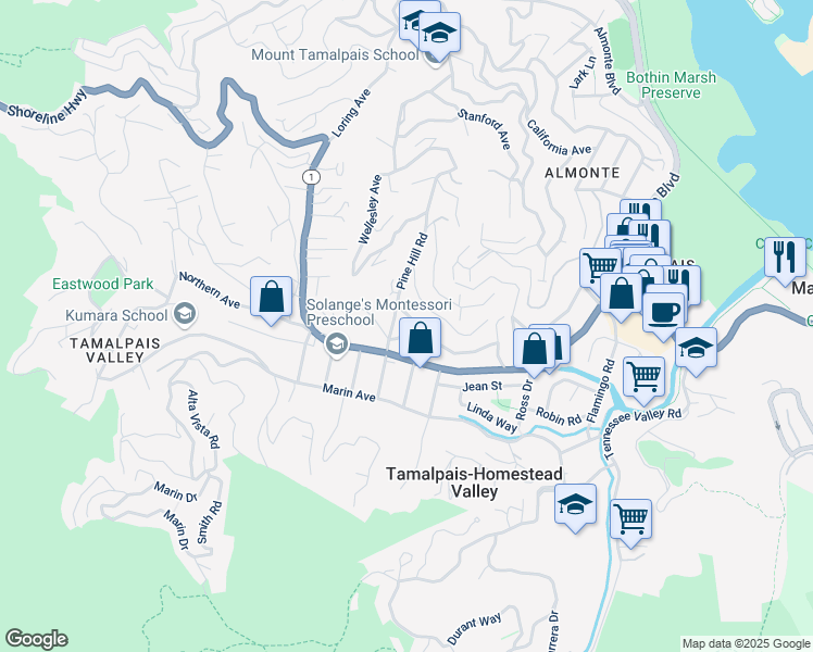 map of restaurants, bars, coffee shops, grocery stores, and more near 373 Pine Hill Road in Mill Valley