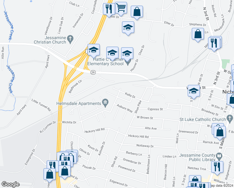 map of restaurants, bars, coffee shops, grocery stores, and more near 600 Wichita Drive in Nicholasville