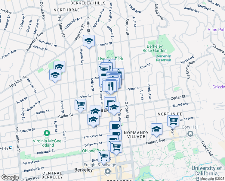 map of restaurants, bars, coffee shops, grocery stores, and more near 1450 Shattuck Avenue in Berkeley