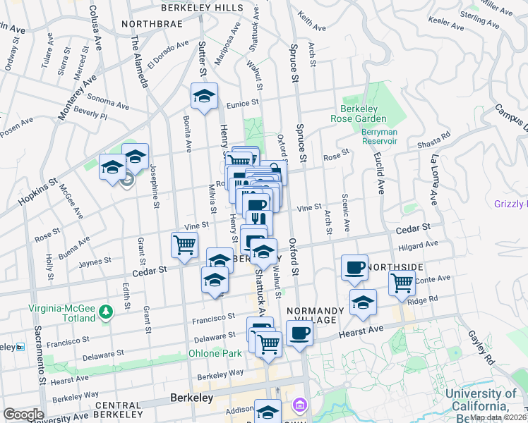 map of restaurants, bars, coffee shops, grocery stores, and more near 1433A Walnut Street in Berkeley