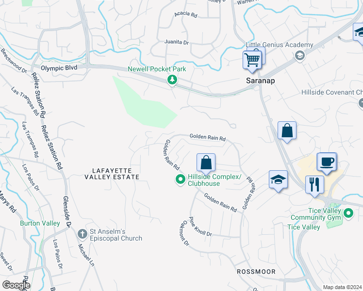 map of restaurants, bars, coffee shops, grocery stores, and more near 3033 Golden Rain Road in Walnut Creek