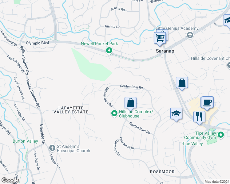 map of restaurants, bars, coffee shops, grocery stores, and more near 3033 Golden Rain Road in Walnut Creek