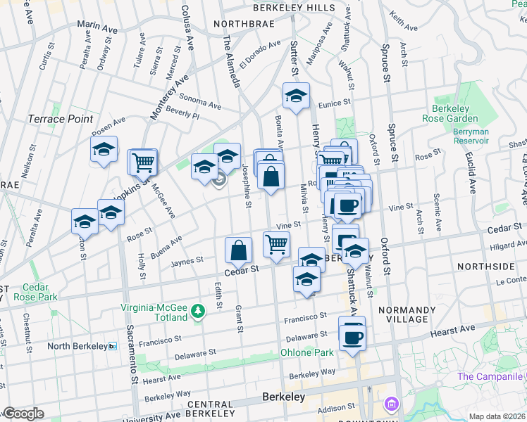 map of restaurants, bars, coffee shops, grocery stores, and more near 1426 Martin Luther King Junior Way in Berkeley