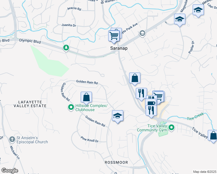 map of restaurants, bars, coffee shops, grocery stores, and more near 2312 Golden Rain Road in Walnut Creek
