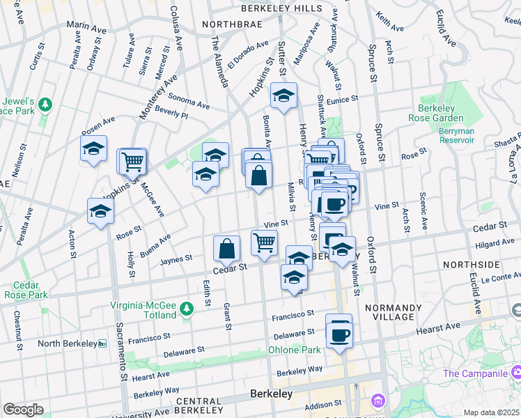 map of restaurants, bars, coffee shops, grocery stores, and more near 1417 Martin Luther King Junior Way in Berkeley