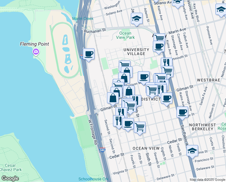 map of restaurants, bars, coffee shops, grocery stores, and more near 711 Harrison Street in Berkeley