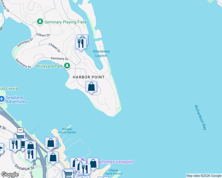 map of restaurants, bars, coffee shops, grocery stores, and more near 12 Heron Drive in Mill Valley