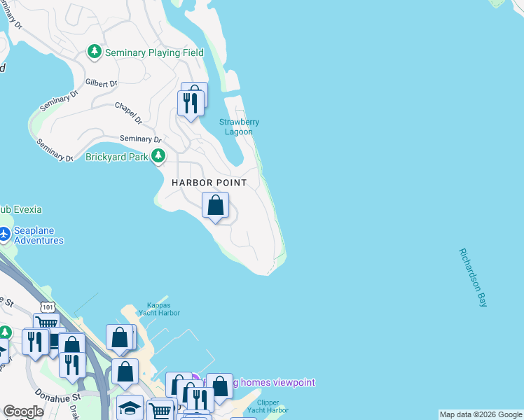 map of restaurants, bars, coffee shops, grocery stores, and more near 17 Heron Drive in Mill Valley