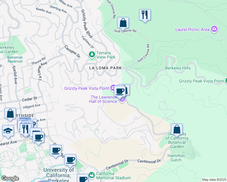 map of restaurants, bars, coffee shops, grocery stores, and more near 1 Centennial Drive in Berkeley