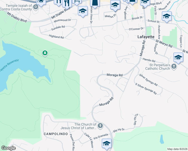 map of restaurants, bars, coffee shops, grocery stores, and more near 1 Rimrock Road in Lafayette