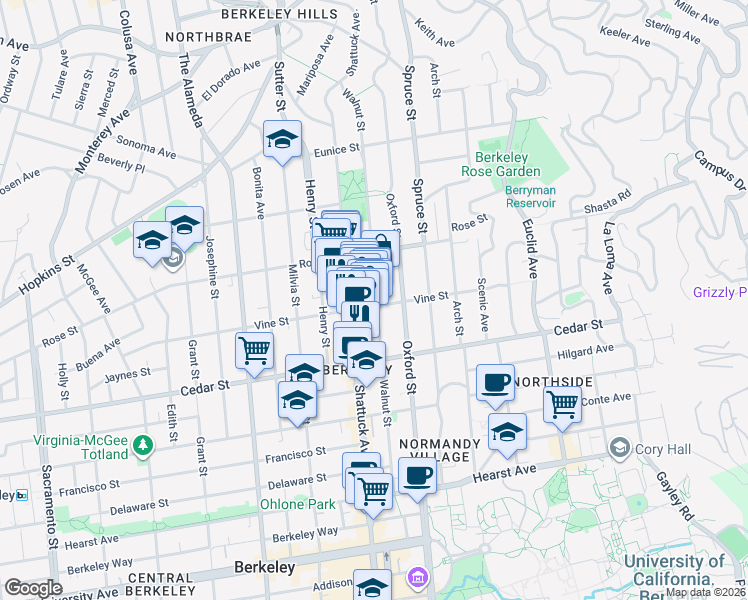 map of restaurants, bars, coffee shops, grocery stores, and more near 1444 Walnut Street in Berkeley