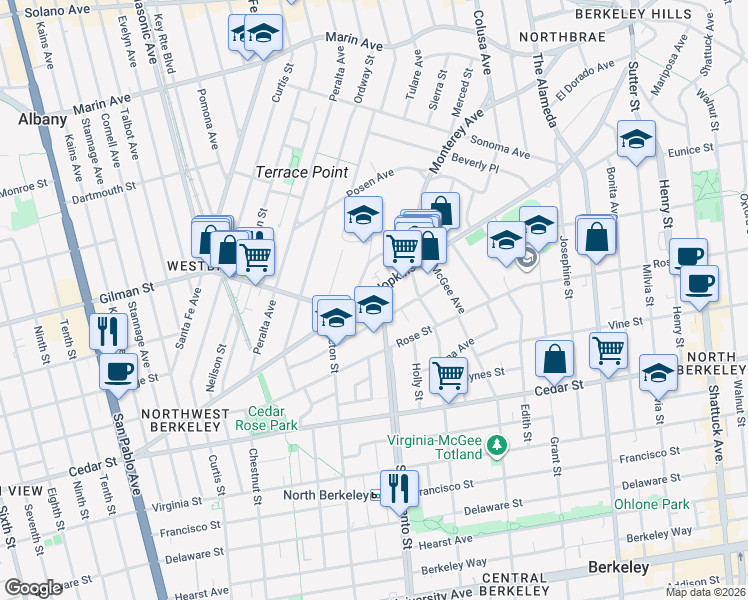 map of restaurants, bars, coffee shops, grocery stores, and more near 1508 Hopkins Street in Berkeley