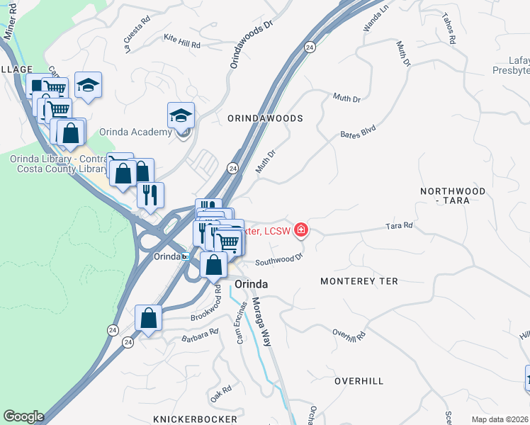 map of restaurants, bars, coffee shops, grocery stores, and more near 72 Davis Road in Orinda