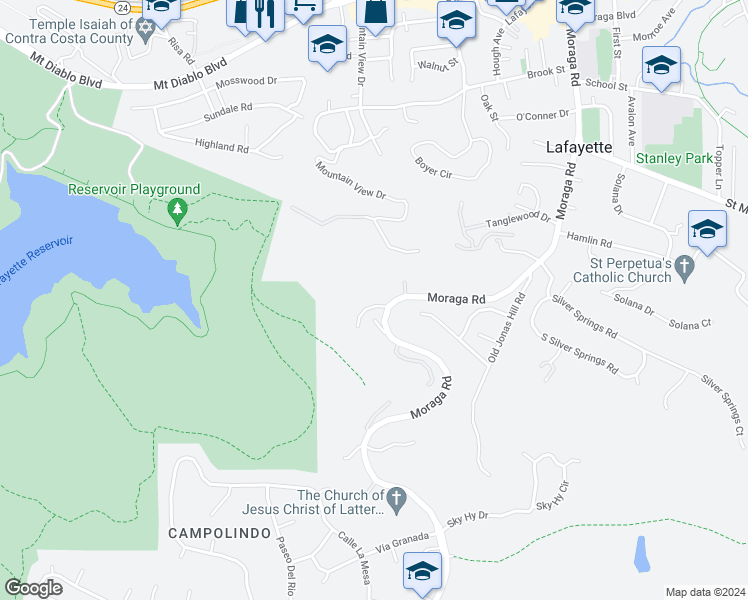 map of restaurants, bars, coffee shops, grocery stores, and more near 1 Rimrock Road in Lafayette