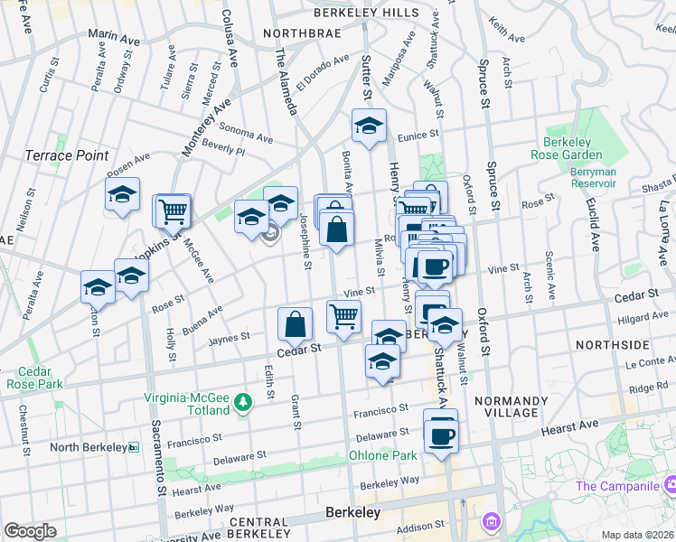 map of restaurants, bars, coffee shops, grocery stores, and more near 1417 Martin Luther King Junior Way in Berkeley