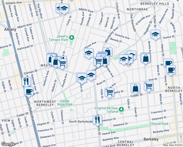 map of restaurants, bars, coffee shops, grocery stores, and more near 1508 Hopkins Street in Berkeley