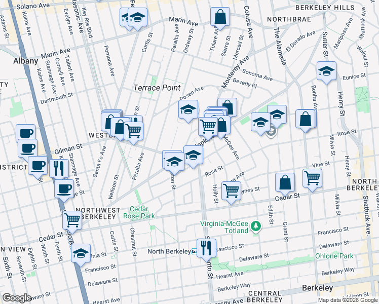 map of restaurants, bars, coffee shops, grocery stores, and more near 1342 Albina Avenue in Berkeley