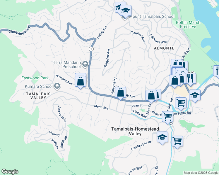map of restaurants, bars, coffee shops, grocery stores, and more near 386 Pine Hill Road in Mill Valley