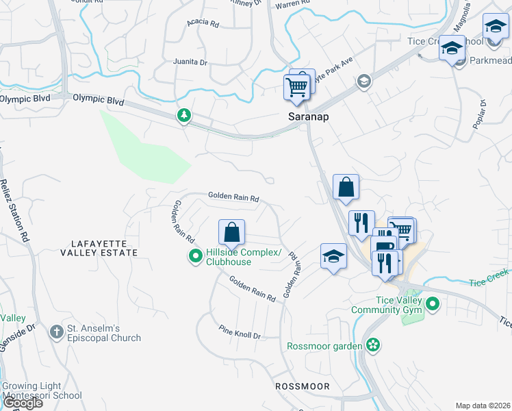 map of restaurants, bars, coffee shops, grocery stores, and more near 2701 Golden Rain Road in Walnut Creek