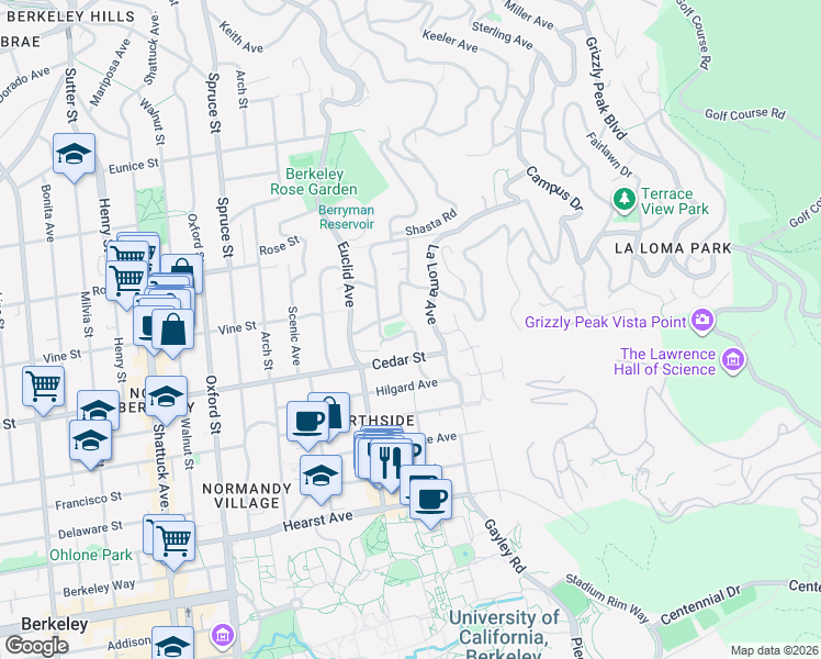 map of restaurants, bars, coffee shops, grocery stores, and more near 1581 Leroy Avenue in Berkeley
