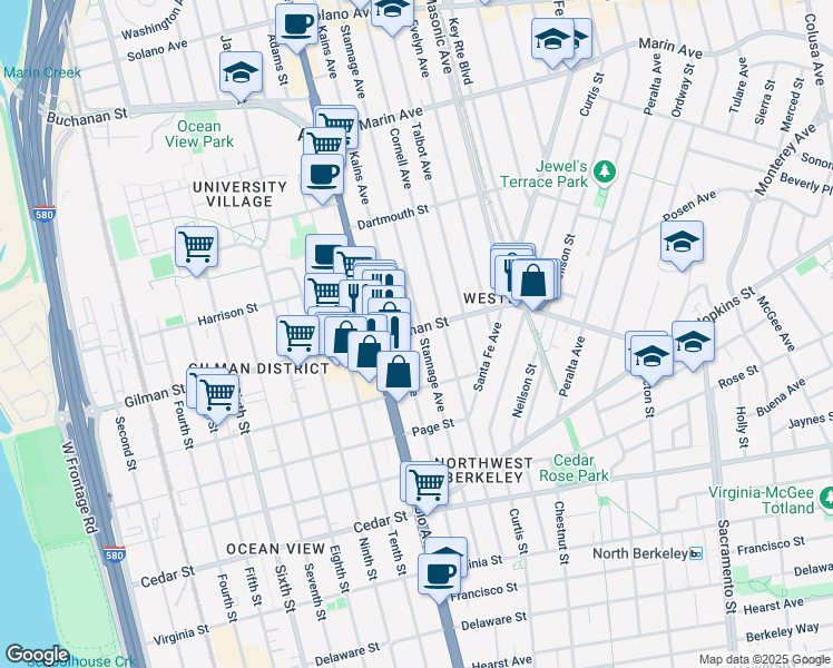 map of restaurants, bars, coffee shops, grocery stores, and more near in Berkeley