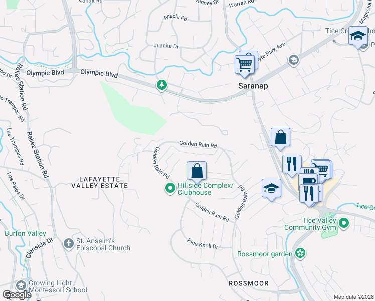 map of restaurants, bars, coffee shops, grocery stores, and more near 2817 Golden Rain Road in Walnut Creek