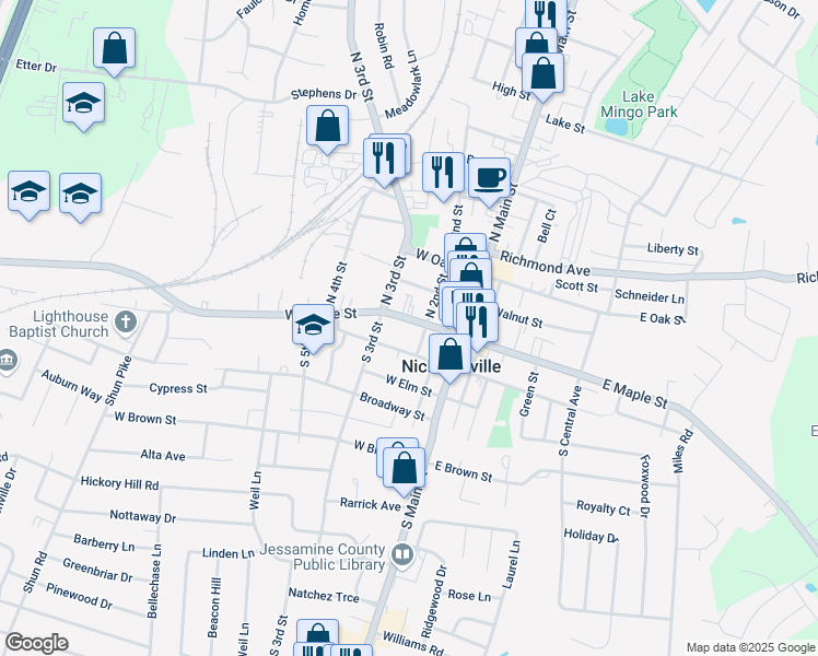 map of restaurants, bars, coffee shops, grocery stores, and more near 301 West Maple Street in Nicholasville