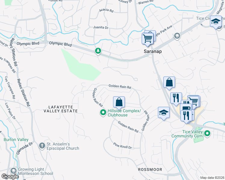 map of restaurants, bars, coffee shops, grocery stores, and more near 2817 Golden Rain Road in Walnut Creek