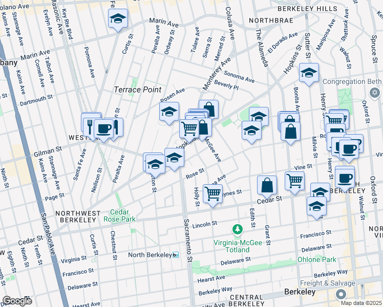 map of restaurants, bars, coffee shops, grocery stores, and more near 1310 McGee Avenue in Berkeley