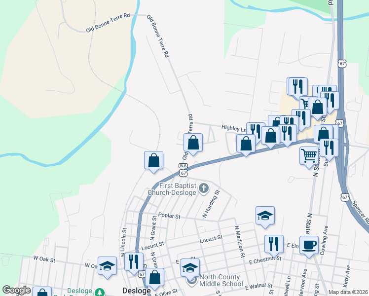 map of restaurants, bars, coffee shops, grocery stores, and more near 1011 Hawthorne Street in Bonne Terre