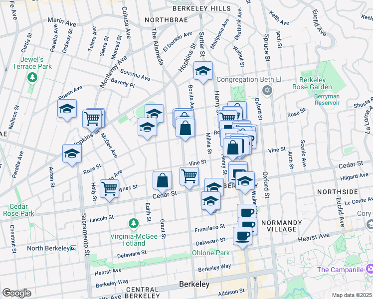 map of restaurants, bars, coffee shops, grocery stores, and more near 1423 Martin Luther King Junior Way in Berkeley